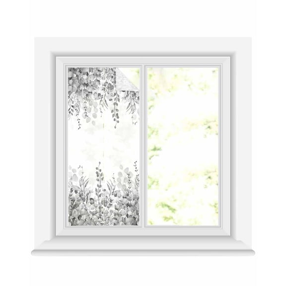 Window Privacy Film, Gray Eucalyptus UV Sun Blocking Window Tint Film Heat Control One Way Blackout Window Film, Spring Summer Botanical Floral Leaves Country Non Adhesive Static Cling 17.7x39.3 In
