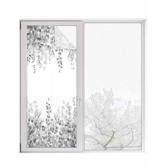 Window Privacy Film, Gray Eucalyptus UV Sun Blocking Window Tint Film Heat Control One Way Blackout Window Film, Spring Summer Botanical Floral Leaves Country Non Adhesive Static Cling 23.6x59 In