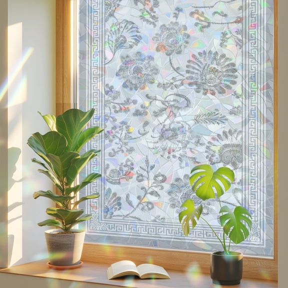 Window Privacy Film Gray Flowers Vines Stained Glass Window Film Elegant Floral Geometric Frame Static Window Clings for Glass Windows Home Bathroom Living Room Office Door Sticker 17.7"39.3"