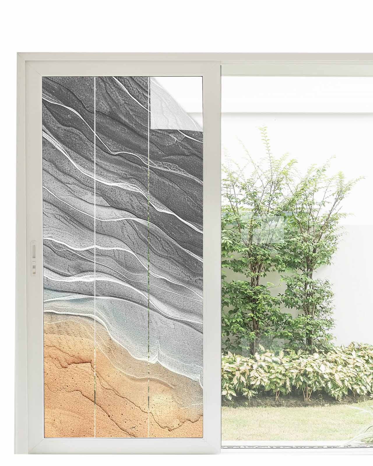 Window Privacy Film, Gray Ocean Ombre UV Sun Blocking Window Tint Film Heat Control One Way Blackout Window Film, Spring Summer Coastal Sea Wave Non Adhesive Static Cling Window Sticker 35.4x78.7 In