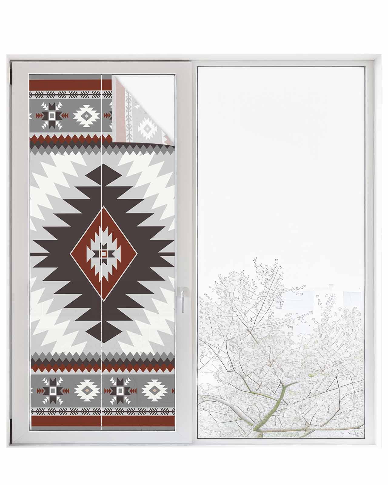 Window Privacy Film Gray Red Boho Stained Glass Window Film Decorative Sun Block Window Cover Southwestern Ethnic Abstract Geometric Window Clings Static Adhesive Sticker for Bathroom 29.5"x78.7"