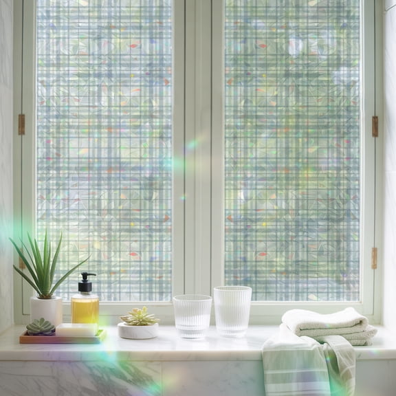 Window Privacy Film,Gray Stripe Buffalo Plaid Static Clings Decorative Rainbow Window Films Stickers Minimalist Geometric Line Lattice Sun Blocking Glass Cover for Home Bathroom Office,17.7"x39.3"