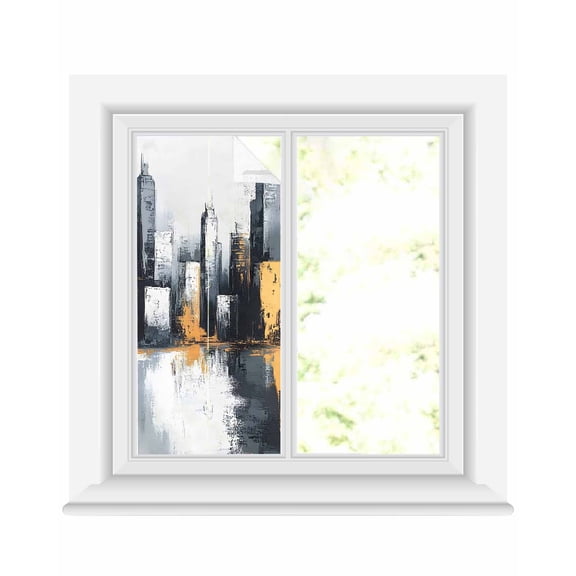 Window Privacy Film Gray Yellow Oil Painting Stained Glass Window Film Decorative Sun Block Window Cover Modernism Minimalist City Window Clings Static Adhesive Sticker for Bathroom 19.6"x39.3"