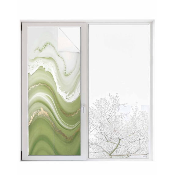 Window Privacy Film Green Abstract Stained Glass Window Film Decorative Sun Block Window Cover Waves Gradient Water Ripple Striped Window Clings Static Adhesive Sticker for Bathroom 23.6"x59"