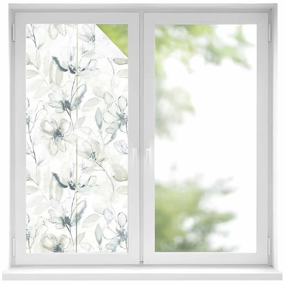 Window Privacy Film Green Beige Spring Floral Stained Glass Window Film Decorative Sun Block Window Cover Luxury Botanical Summer Window Clings Static Adhesive Sticker for Bathroom 17.7"x39.3"