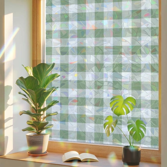 Window Privacy Film Green Buffalo Plaid Stained Glass Window Film Check Lines Rainbow Static Window Clings for Glass Windows Home Bathroom Living Room Office Glass Door Sticker 17.7"39.3"