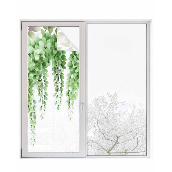 Window Privacy Film Green Eucalyptus Leaf Stained Glass Window Film Decorative Sun Block Window Cover Spring Botanical Watercolor Window Clings Static Adhesive Sticker for Bathroom 23.6"x59"