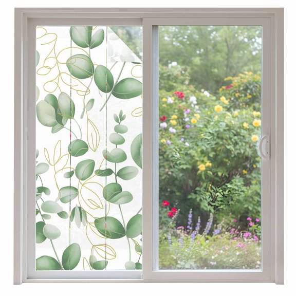 Window Privacy Film Green Eucalyptus Leaves Stained Glass Window Film Decorative Sun Block Window Cover Spring Farmhouse Country Plant Window Clings Static Adhesive Sticker for Bathroom 35.4"x78.7"