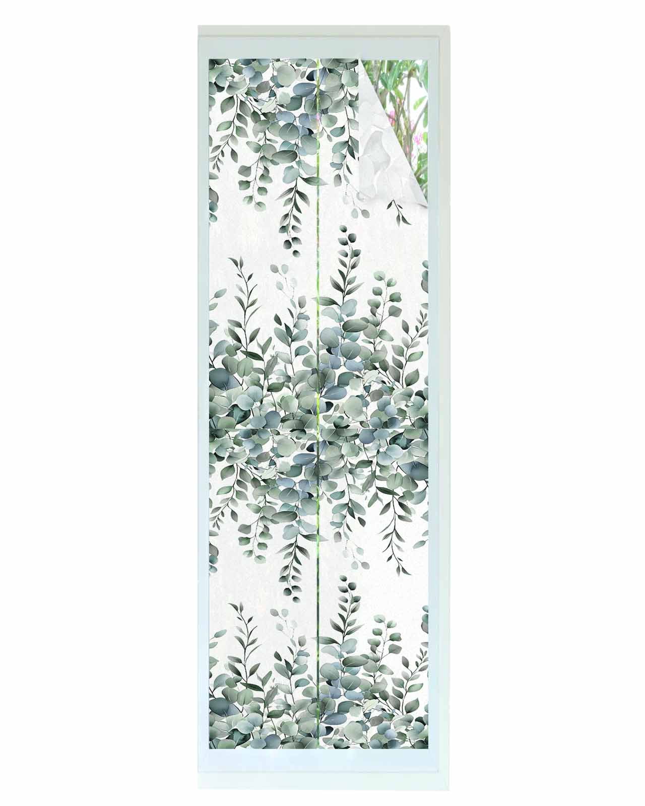 Window Privacy Film Green Eucalyptus Leaves Stained Glass Window Film Decorative Sun Block Window Cover Summer Botanical Watercolor Window Clings Static Adhesive Sticker for Bathroom 29.5"x118"