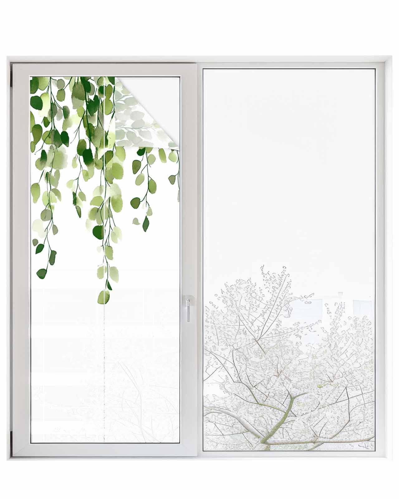 Window Privacy Film Green Eucalyptus Leaves Stained Glass Window Film Decorative Sun Block Window Cover Summer Watercolor Leaf Window Clings Static Adhesive Sticker for Bathroom 23.6"x59"
