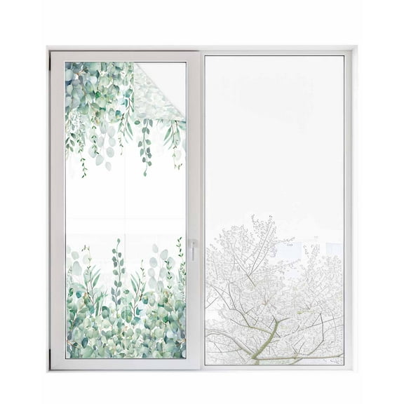 Window Privacy Film, Green Eucalyptus UV Sun Blocking Window Tint Film Heat Control One Way Blackout Window Film, Spring Summer Botanical Floral Leaves Country Non Adhesive Static Cling 23.6x59 In