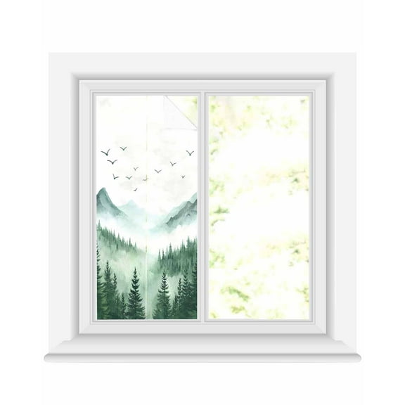 Window Privacy Film Green Foggy Forest Stained Glass Window Film Decorative Sun Block Window Cover Mist Mountain Trees Nature Scenery Window Clings Static Adhesive Sticker for Bathroom 17.7"x39.3"