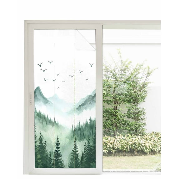 Window Privacy Film Green Foggy Forest Stained Glass Window Film Decorative Sun Block Window Cover Mist Mountain Trees Nature Scenery Window Clings Static Adhesive Sticker for Bathroom 35.4"x78.7"