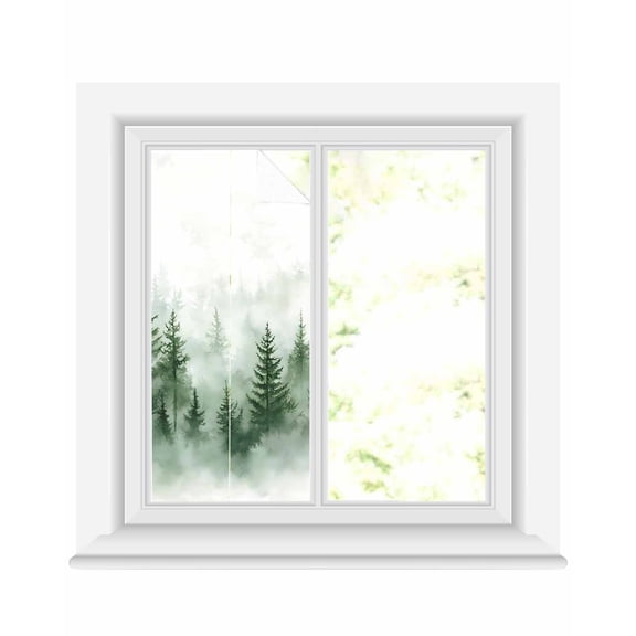 Window Privacy Film Green Foggy Forest Stained Glass Window Film Decorative Sun Block Window Cover Watercolor Mist Mountains Landscape Window Clings Static Adhesive Sticker for Bathroom 19.6"x39.3"