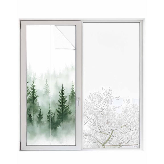 Window Privacy Film Green Foggy Forest Stained Glass Window Film Decorative Sun Block Window Cover Watercolor Mist Mountains Landscape Window Clings Static Adhesive Sticker for Bathroom 23.6"x59"