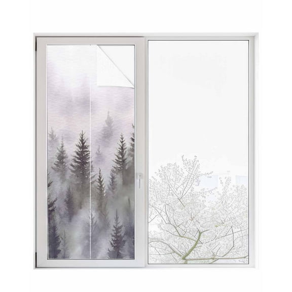 Window Privacy Film Green Forest Stained Glass Window Film Decorative Sun Block Window Cover Vintage Rustic Pine Trees Nature Landscape Window Clings Static Adhesive Sticker for Bathroom 23.6"x59"