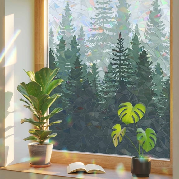 Window Privacy Film Green Forest Tree Stained Glass Window Film Misty Forest Tree Silhouette Nature Static Window Clings for Glass Windows Home Bathroom Living Room Office Door Sticker 17.7"39.3"
