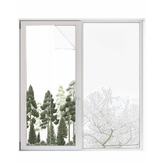 Window Privacy Film Green Forests Tree Stained Glass Window Film Decorative Sun Block Window Cover Pine Maple Trees Nature Pure Color Window Clings Static Adhesive Sticker for Bathroom 23.6"x59"