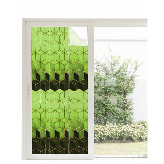 Window Privacy Film Green Geometric Stained Glass Window Film Decorative Sun Block Window Cover Gradient Black Gold Mottled Comb Grid Window Clings Static Adhesive Sticker for Bathroom 35.4"x78.7"