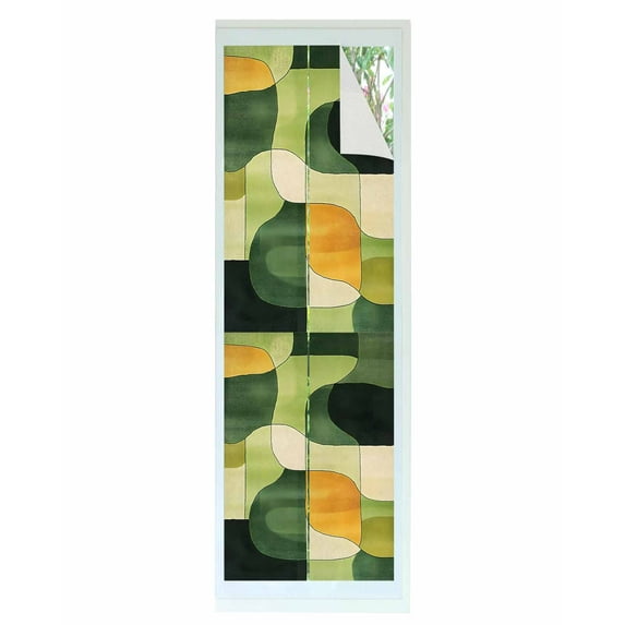Window Privacy Film Green Geometric Stained Glass Window Film Decorative Sun Block Window Cover Middle Century Vintage Art Aesthetic Window Clings Static Adhesive Sticker for Bathroom 17.7"x78.7"