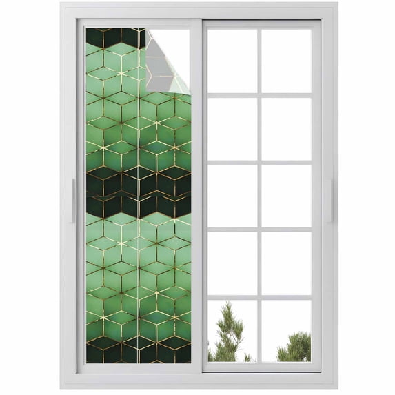 Window Privacy Film Green Geometric Stained Glass Window Film Decorative Sun Block Window Cover Ombre Modern Abstract Art Window Clings Static Adhesive Sticker for Bathroom 17.7"x78.7"
