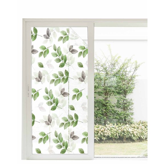 Window Privacy Film,Green Gray Eucalyptus UV Sun Blocking Window Tint Film Heat Control One Way Blackout Window Film,Fall Botanical Floral Leaves White Non Adhesive Static Cling Sticker 35.4x78.7 In