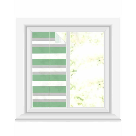 Window Privacy Film Green Grey Stripe Stained Glass Window Film Decorative Sun Block Window Cover Minimalist Farmhouse Striped Window Clings Static Adhesive Sticker for Bathroom 17.7"x39.3"