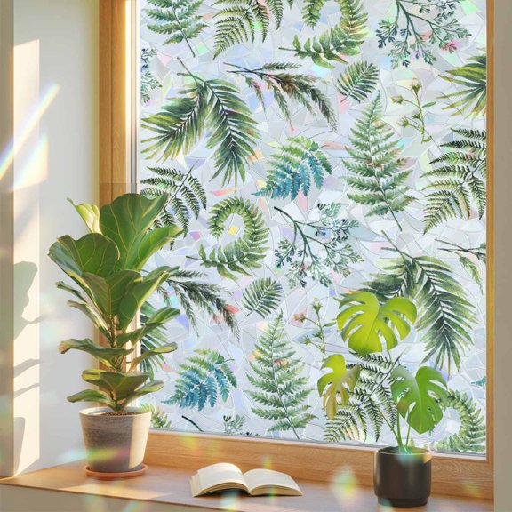 Window Privacy Film Green Herbs Ferns Stained Glass Window Film Nature Leaves Plant Rainbow Static Window Clings for Glass Windows Home Bathroom Living Room Office Glass Door Sticker 17.7"39.3"