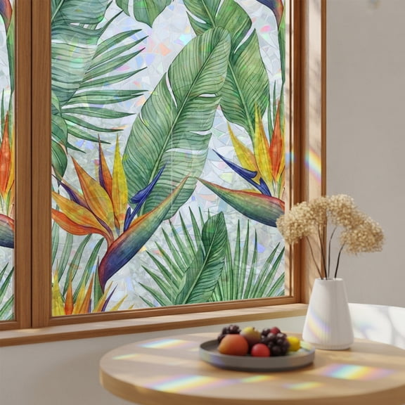 Window Privacy Film, Green Leaf Stained Glass Rainbow Film Bright Bird of Paradise Flower Emerging from Lush Greenery Static Cling Sun Blocking Window Sticker for Bathroom 23.6"x59"