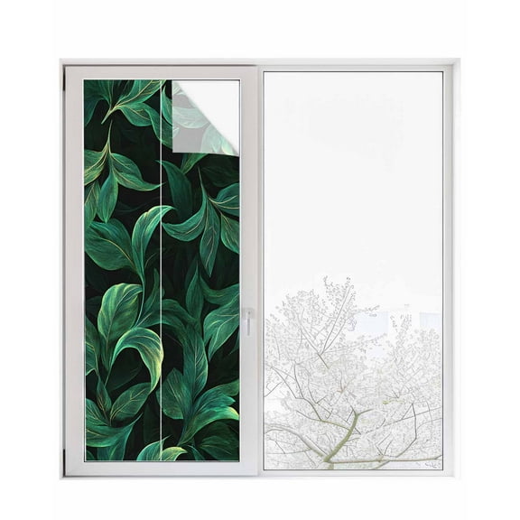Window Privacy Film Green Leaf Stained Glass Window Film Decorative Sun Block Window Cover Nature Vines Branch Summer Tropical Plant Window Clings Static Adhesive Sticker for Bathroom 23.6"x59"
