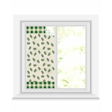 Window Privacy Film Green Leaf Stained Glass Window Film Decorative Sun Block Window Cover Pastoral Botanical Buffalo Plaid Checkered Window Clings Static Adhesive Sticker for Bathroom 17.7"x39.3"