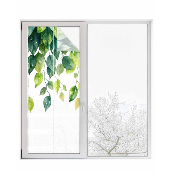 Window Privacy Film Green Leaves Stained Glass Window Film Decorative Sun Block Window Cover Country Simple Eucalyptus Leaf Vines Plants Window Clings Static Adhesive Sticker for Bathroom 23.6"x59"