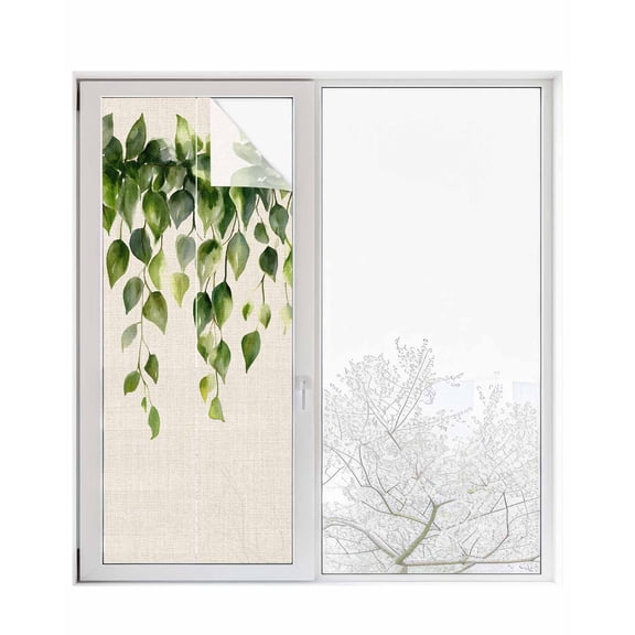 Window Privacy Film Green Leaves Stained Glass Window Film Decorative Sun Block Window Cover Retro Farmhouse Pastoral Plants Vines Window Clings Static Adhesive Sticker for Bathroom 23.6"x59"