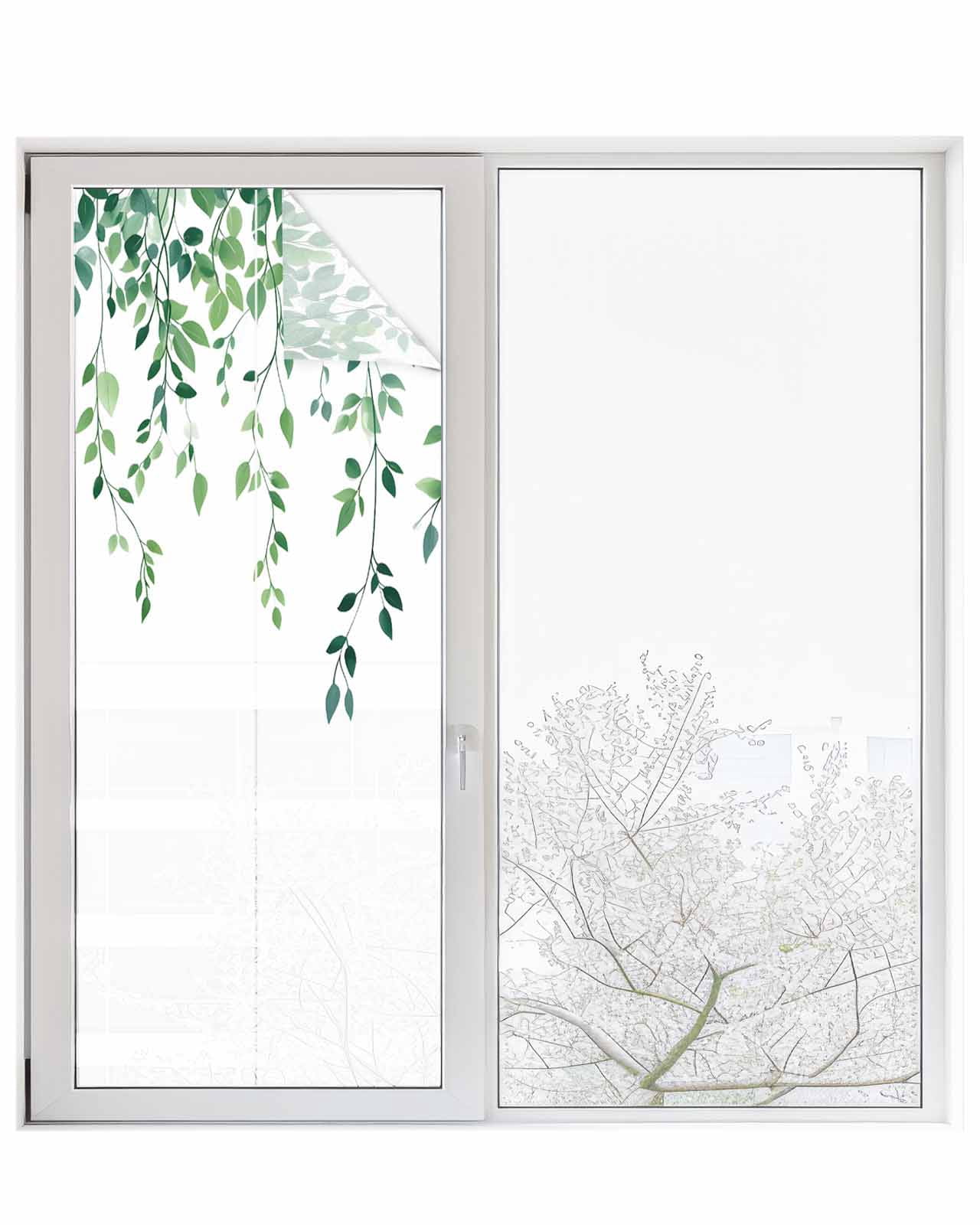 Window Privacy Film Green Leaves Stained Glass Window Film Decorative Sun Block Window Cover Spring Pastoral Plant Vines Farmhouse Window Clings Static Adhesive Sticker for Bathroom 23.6"x59"