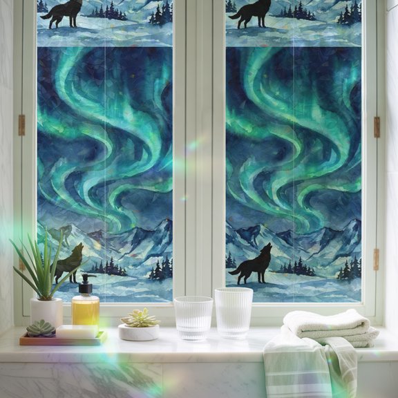 Window Privacy Film,Green Lights Wolf Static Clings Decorative Rainbow Window Films Stickers Watercolor Mountain Background Sun Blocking Glass Cover for Home Bathroom Office,17.7"x39.3"