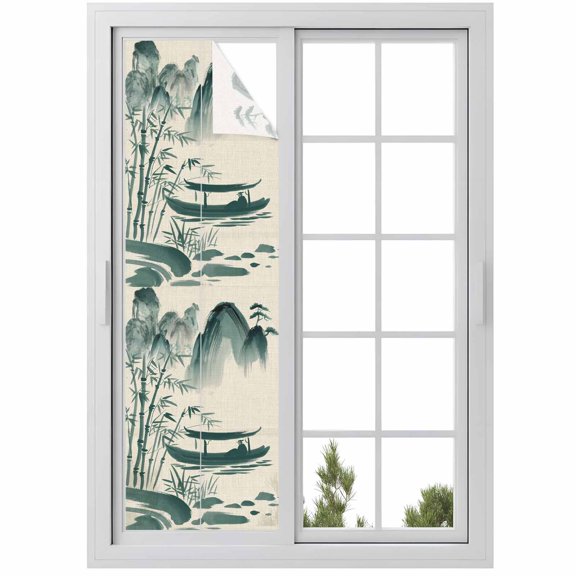 Window Privacy Film Green Mountains Stained Glass Window Film Decorative Sun Block Window Cover Modern Watercolor Nature Country Landscape Window Clings Static Sticker for Bathroom 29.5"x118"