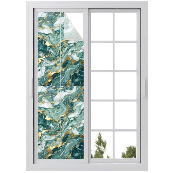 Window Privacy Film Green Ombre Golden Marble Stained Glass Window Film Decorative Sun Block Window Cover Abstract Marble Crack Window Clings Static Adhesive Sticker for Bathroom 29.5"x118"