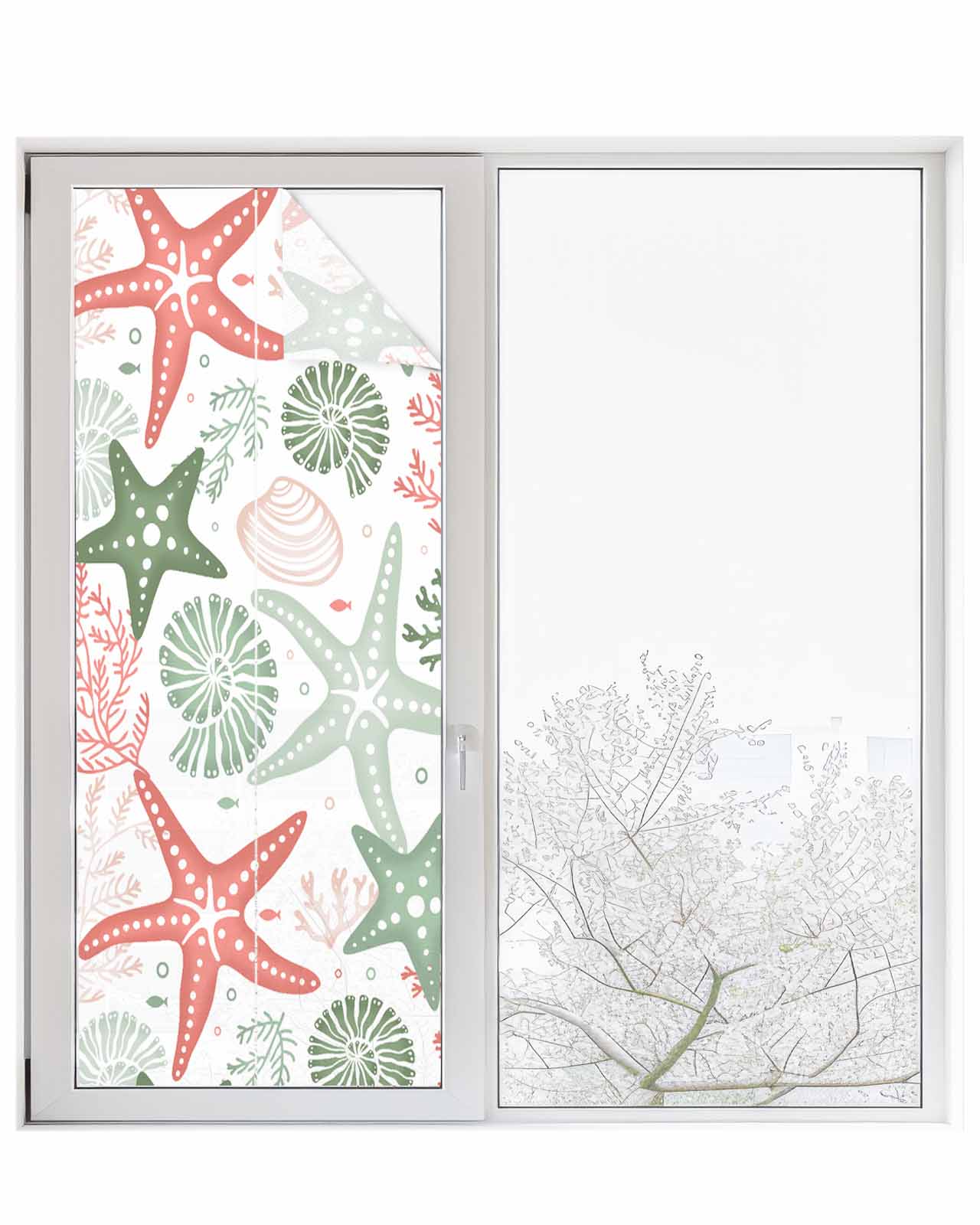 Window Privacy Film, Green Orange Coral Sun Blocking Window Tint Film Heat Control One Way Blackout Window Film, Spring Summer Coastal Starfish Beach Nautical Conch Non Adhesive Static Cling 23.6x59