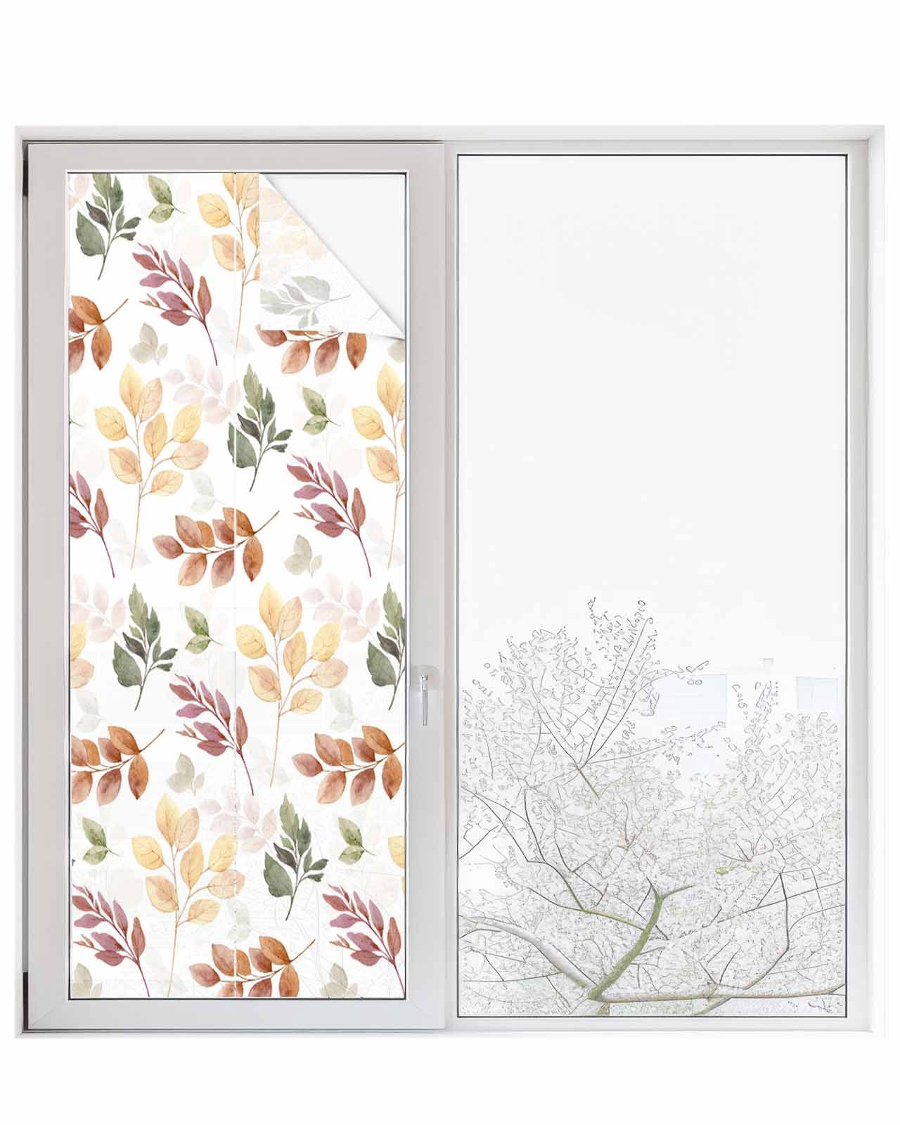 Window Privacy Film, Green Orange Yellow Eucalyptus UV Sun Blocking Window Tint Film Heat Control One Way Blackout Window Film, Fall Botanical Floral Leaves Non Adhesive Static Cling 29.5x78.7 In