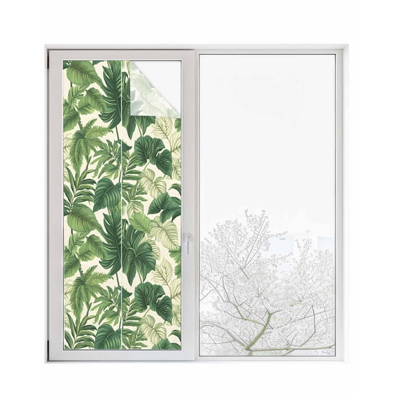 Window Privacy Film Green Palm Leaves Stained Glass Window Film Decorative Sun Block Window Cover Summer Botanical Watercolor Window Clings Static Adhesive Sticker for Bathroom 23.6"x59"