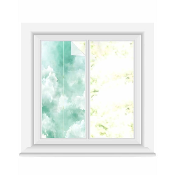 Window Privacy Film Green Sky Cloud Stained Glass Window Film Decorative Sun Block Window Cover Natural Landscape Scenery Ombre Window Clings Static Adhesive Sticker for Bathroom 17.7"x39.3"
