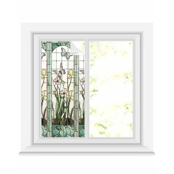 Window Privacy Film Green Spring Botanical Stained Glass Window Film Decorative Sun Block Window Cover Summer Butterfly Vintage Window Clings Static Adhesive Sticker for Bathroom 17.7"x39.3"