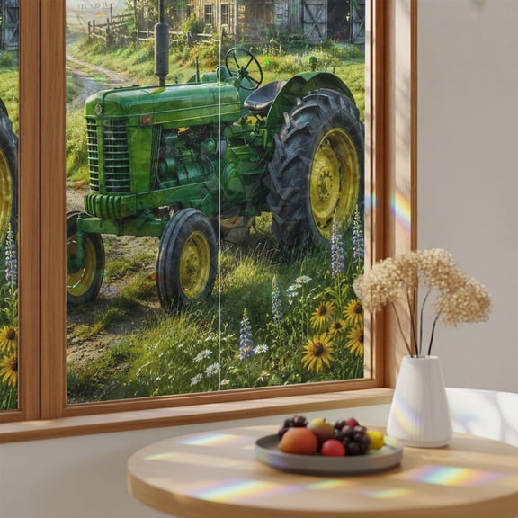 Window Privacy Film, Green Tractor Stained Glass Rainbow Film Vintage Barn Windmill Country Path Farm Decorative Window Clings, Static Cling Sun Blocking Stickers For Bathroom Bedroom 23.6"x59"