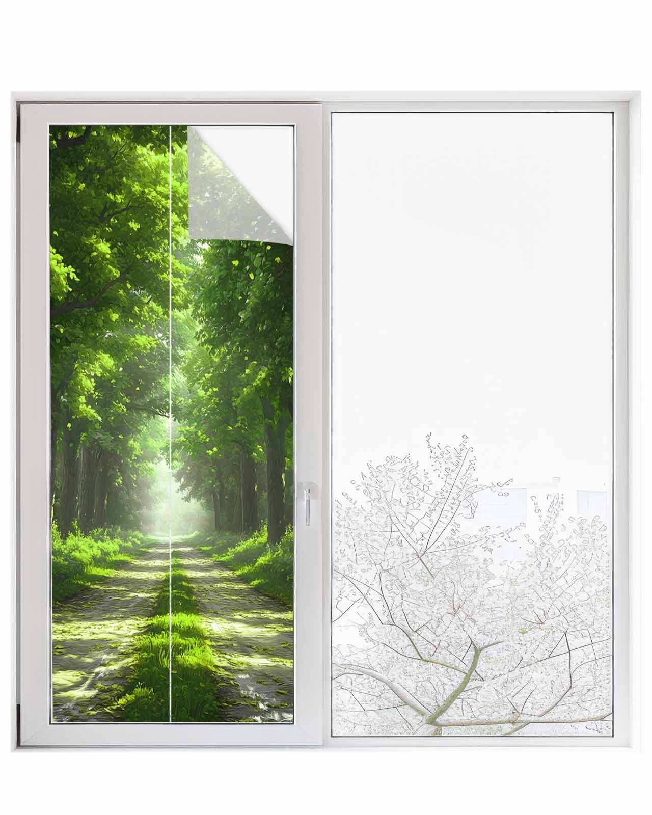 Window Privacy Film Green Trees Stained Glass Window Film Decorative Sun Block Window Cover Forest Art Decor Spring Summer Nature Leaf Window Clings Static Adhesive Sticker for Bathroom 29.5"x78.7"
