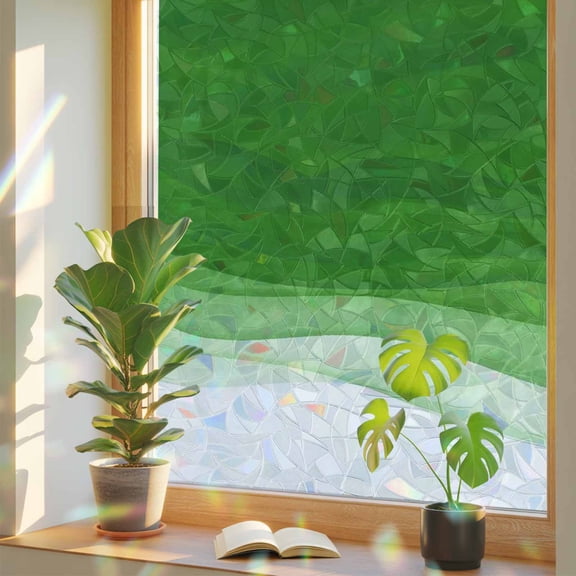 Window Privacy Film Green Waves Stained Glass Window Film Abstract Gradient Color Rainbow Static Window Clings for Glass Windows Home Bathroom Living Room Office Glass Door Sticker 17.7"39.3"