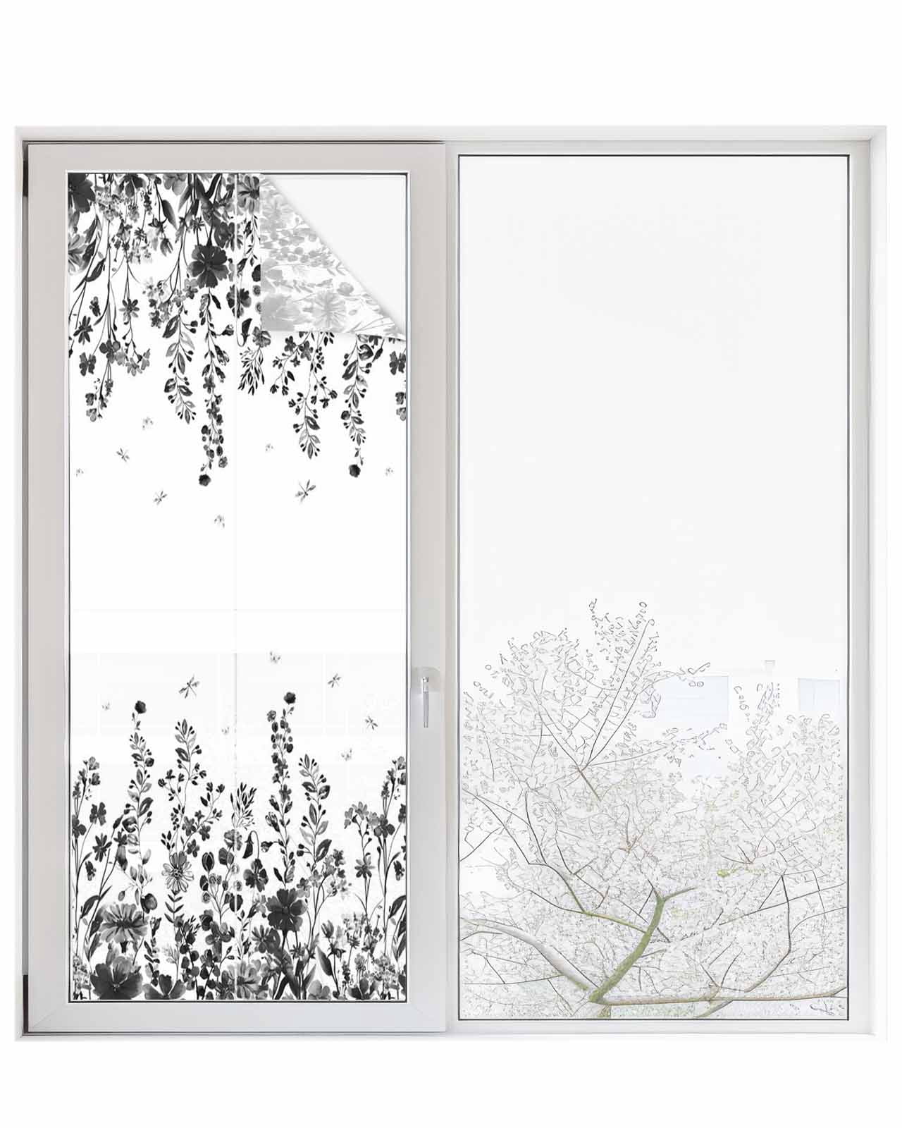 Window Privacy Film Grey Botanical Stained Glass Window Film Decorative Sun Block Window Cover Dragonfly Flower Leaf Retro Ink Style Window Clings Static Adhesive Sticker for Bathroom 29.5"x78.7"