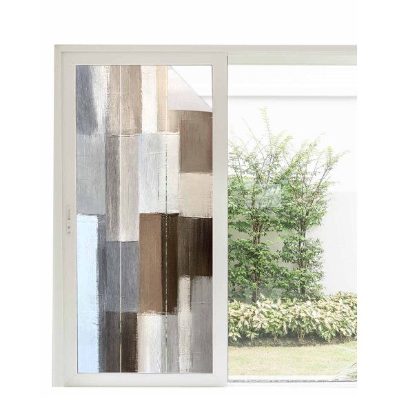 Window Privacy Film Grey Brown Color Blocks Stained Glass Window Film Decorative Sun Block Window Cover Abstract Oil Painting Art Window Clings Static Adhesive Sticker for Bathroom 35.4"x78.7"