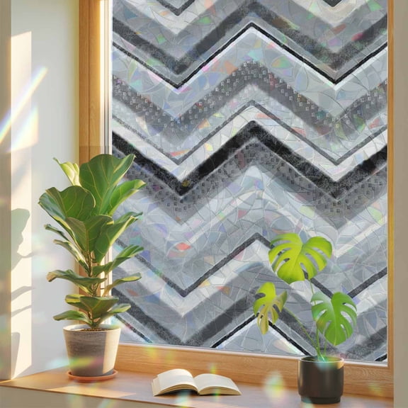 Window Privacy Film Grey Chevron Stained Glass Window Film Geometric Design Stripe Rainbow Static Window Clings for Glass Windows Home Bathroom Living Room Office Glass Door Sticker 17.7"39.3"