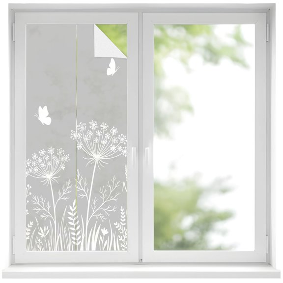 Window Privacy Film Grey Flowers Stained Glass Window Film Decorative Sun Block Window Cover Vintage Country Floral Herbs Butterfly Window Clings Static Adhesive Sticker for Bathroom 19.6"x39.3"