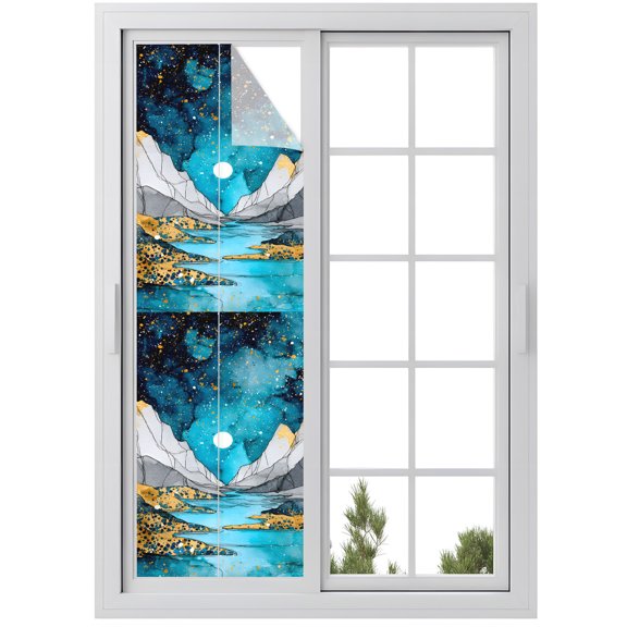 Window Privacy Film Grey Gold Mountains Stained Glass Window Film Decorative Sun Block Window Cover Abstract Turquoise Blue Marble Moon Window Clings Static Adhesive Sticker for Bathroom 29.5"x118"